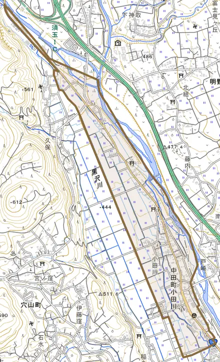 中田町小田川とその周辺の地図。町の範囲を重ねている