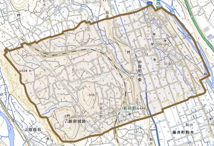 中田町中條とその周辺の地図。町の範囲を重ねている
