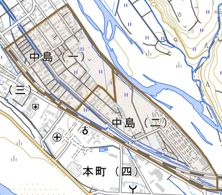 中島とその周辺の地図。町の範囲を重ねている