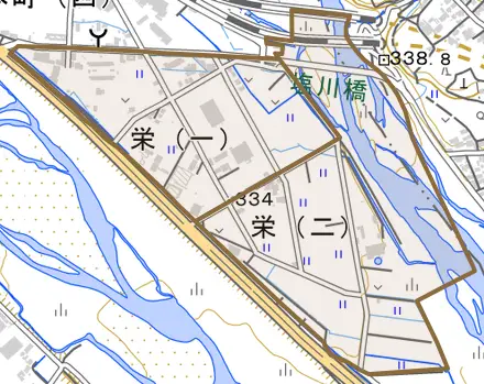 栄とその周辺の地図。町の範囲を重ねている