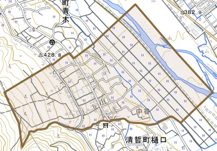 清哲町樋口とその周辺の地図。町の範囲を重ねている