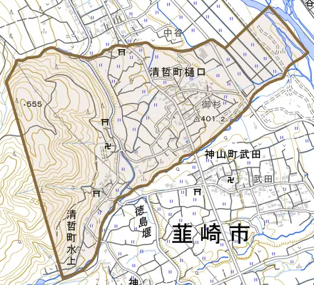 清哲町水上とその周辺の地図。町の範囲を重ねている