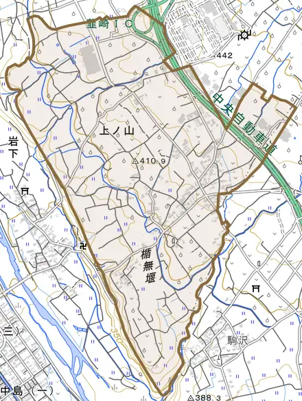 上ノ山とその周辺の地図。町の範囲を重ねている