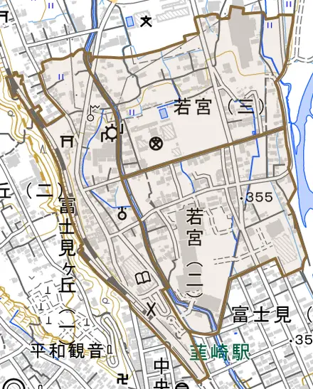 若宮とその周辺の地図。町の範囲を重ねている