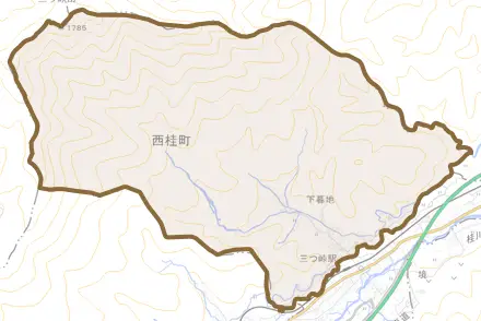 下暮地とその周辺の地図。町の範囲を重ねている