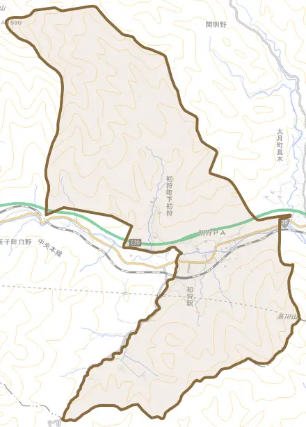 初狩町下初狩とその周辺の地図。町の範囲を重ねている