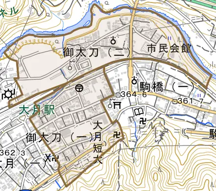 御太刀とその周辺の地図。町の範囲を重ねている
