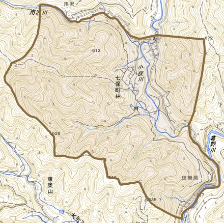 七保町林とその周辺の地図。町の範囲を重ねている