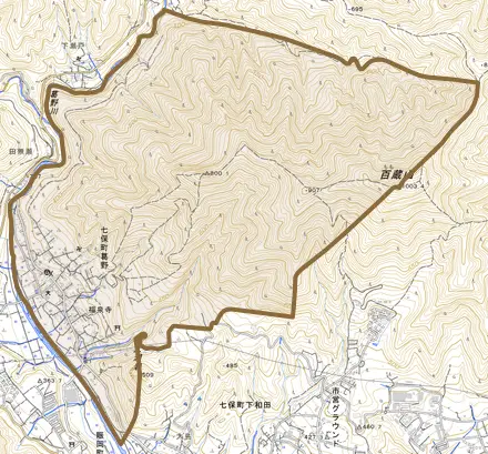 七保町葛野とその周辺の地図。町の範囲を重ねている