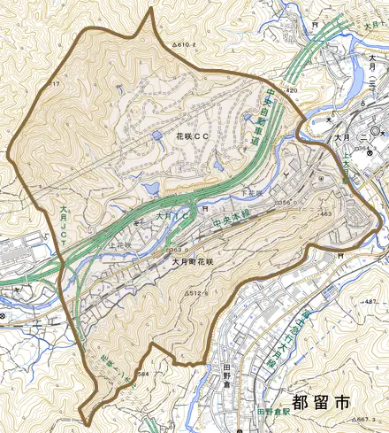 大月町花咲とその周辺の地図。町の範囲を重ねている