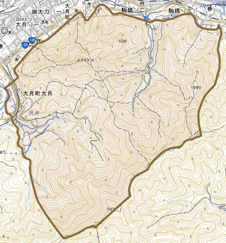 大月町大月とその周辺の地図。町の範囲を重ねている
