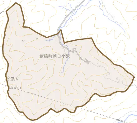 猿橋町朝日小沢とその周辺の地図。町の範囲を重ねている