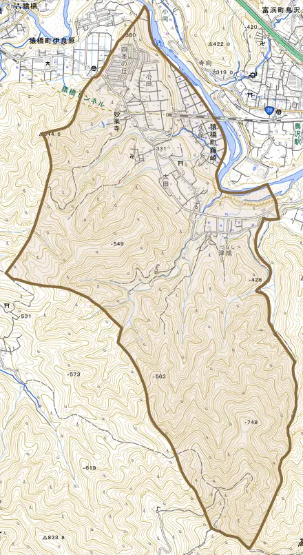 猿橋町藤崎とその周辺の地図。町の範囲を重ねている