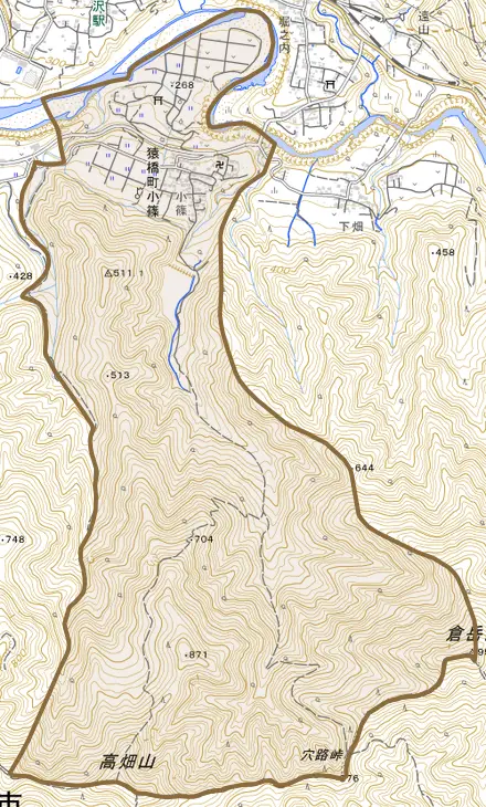 猿橋町小篠とその周辺の地図。町の範囲を重ねている