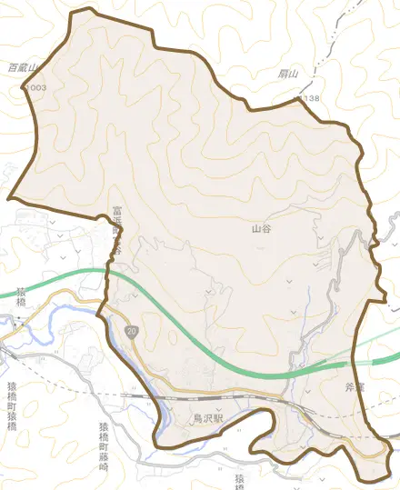 富浜町鳥沢とその周辺の地図。町の範囲を重ねている