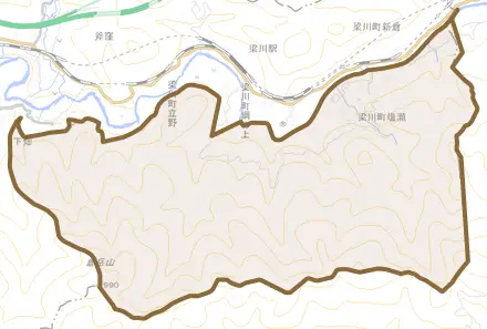 梁川町塩瀬とその周辺の地図。町の範囲を重ねている