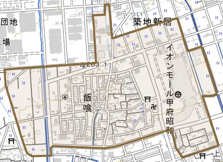 飯喰とその周辺の地図。町の範囲を重ねている