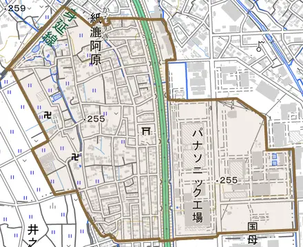 紙漉阿原とその周辺の地図。町の範囲を重ねている