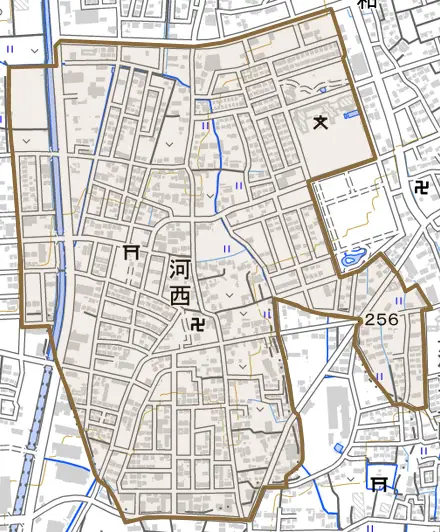 河西とその周辺の地図。町の範囲を重ねている