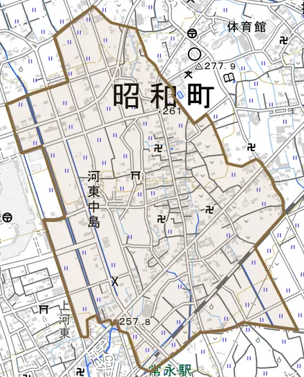河東中島とその周辺の地図。町の範囲を重ねている