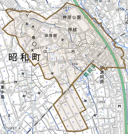 押越とその周辺の地図。町の範囲を重ねている