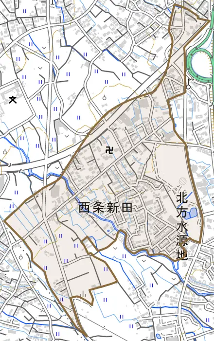 西条新田とその周辺の地図。町の範囲を重ねている