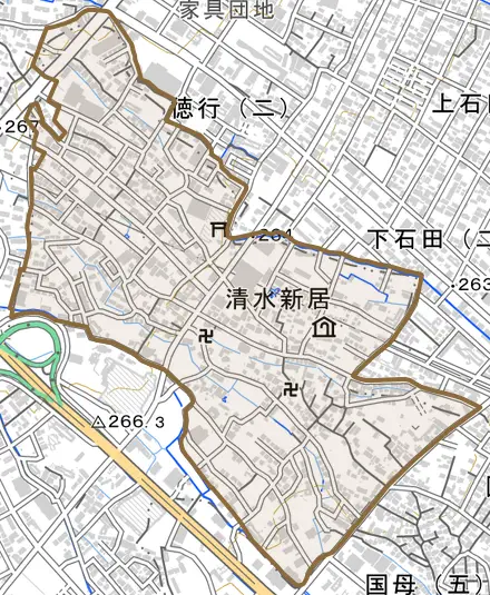 清水新居とその周辺の地図。町の範囲を重ねている