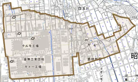 築地新居とその周辺の地図。町の範囲を重ねている