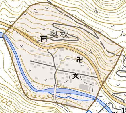 奥秋とその周辺の地図。町の範囲を重ねている
