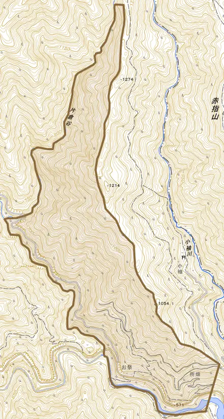 所畑とその周辺の地図。町の範囲を重ねている