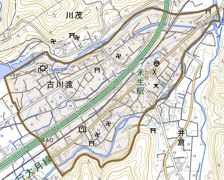 古川渡とその周辺の地図。町の範囲を重ねている