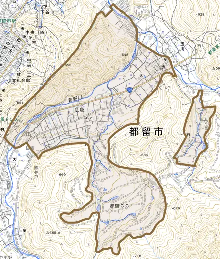 法能とその周辺の地図。町の範囲を重ねている