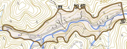 加畑とその周辺の地図。町の範囲を重ねている