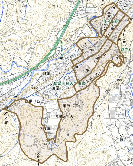 上谷とその周辺の地図。町の範囲を重ねている