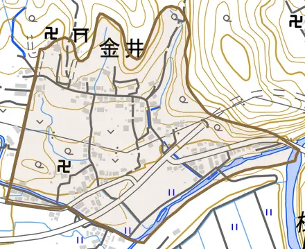 金井とその周辺の地図。町の範囲を重ねている