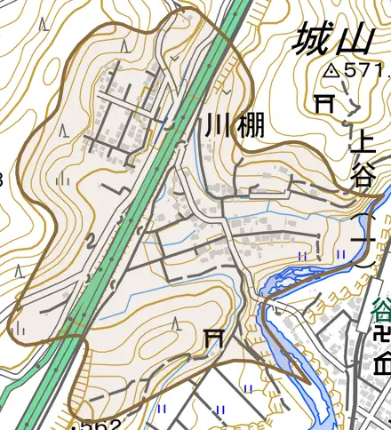 川棚とその周辺の地図。町の範囲を重ねている