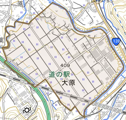 大原とその周辺の地図。町の範囲を重ねている