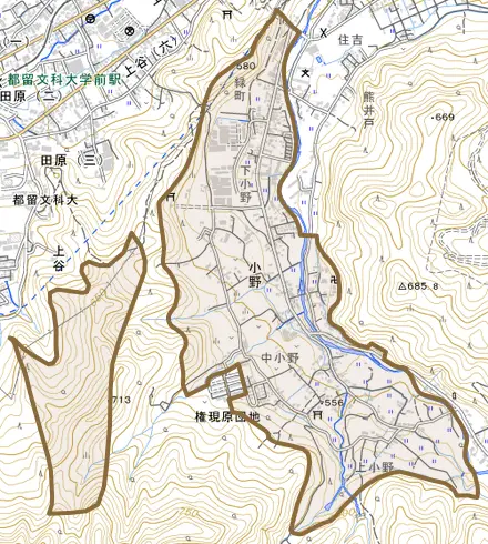 小野とその周辺の地図。町の範囲を重ねている