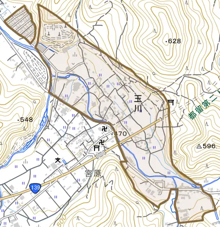 玉川とその周辺の地図。町の範囲を重ねている