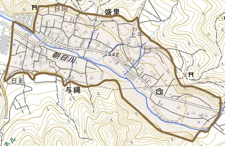 与縄とその周辺の地図。町の範囲を重ねている