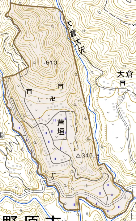 芦垣とその周辺の地図。町の範囲を重ねている
