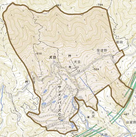 犬目とその周辺の地図。町の範囲を重ねている