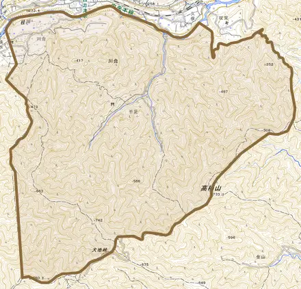 川合とその周辺の地図。町の範囲を重ねている
