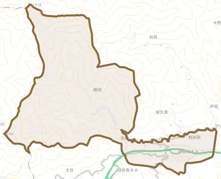野田尻とその周辺の地図。町の範囲を重ねている