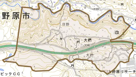 大椚とその周辺の地図。町の範囲を重ねている