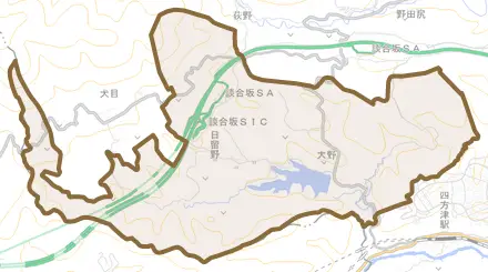 大野とその周辺の地図。町の範囲を重ねている