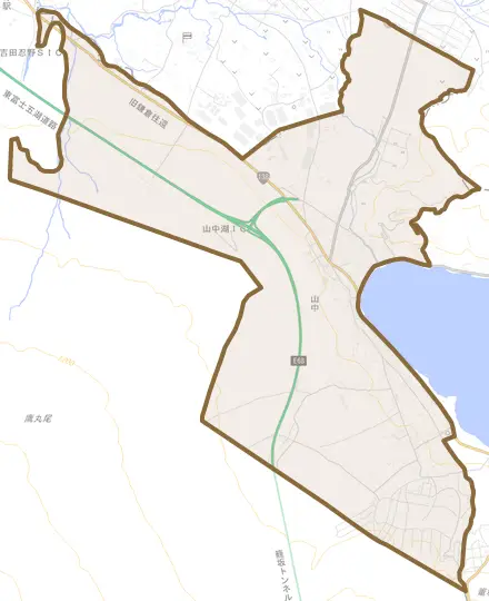 山中とその周辺の地図。町の範囲を重ねている