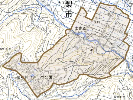 江曽原とその周辺の地図。町の範囲を重ねている