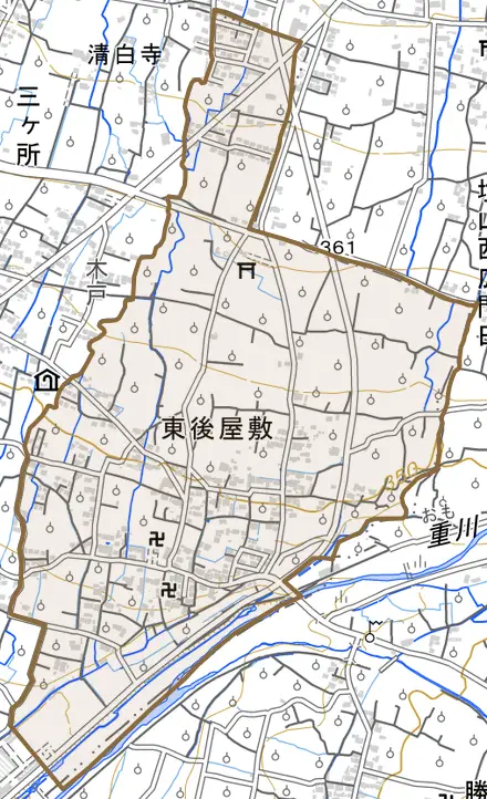 東後屋敷とその周辺の地図。町の範囲を重ねている