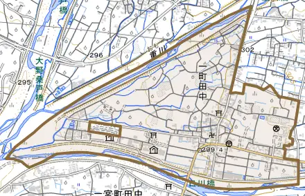 一町田中とその周辺の地図。町の範囲を重ねている